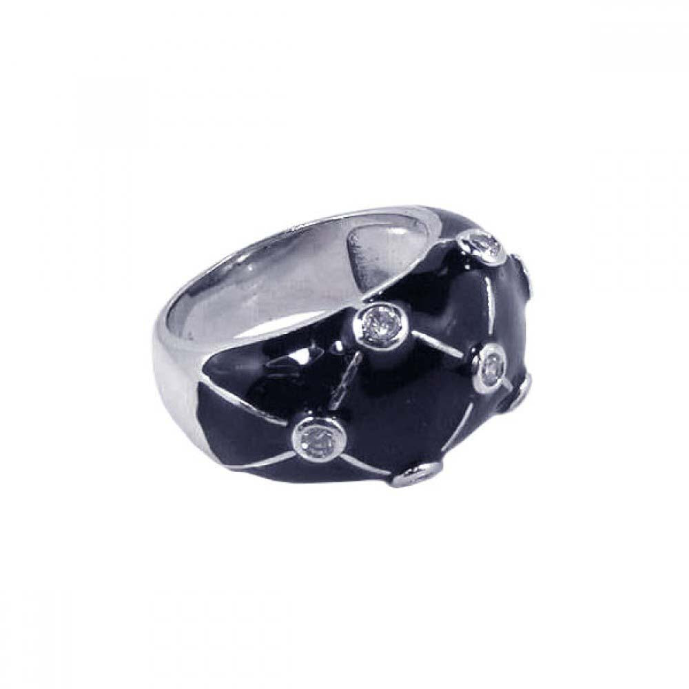Sterling Silver Fancy Black Enamel Domed Band Ring with Criss-Cross Design Embedded with Clear Czs