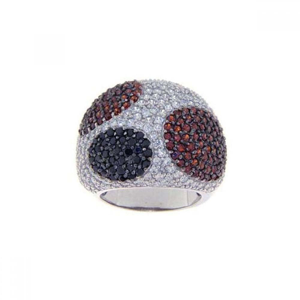 Sterling Silver Fancy Domed Band Ring Inlaid with Micro Paved Clear Czs and Multi-Colored Czs Dotted Design
