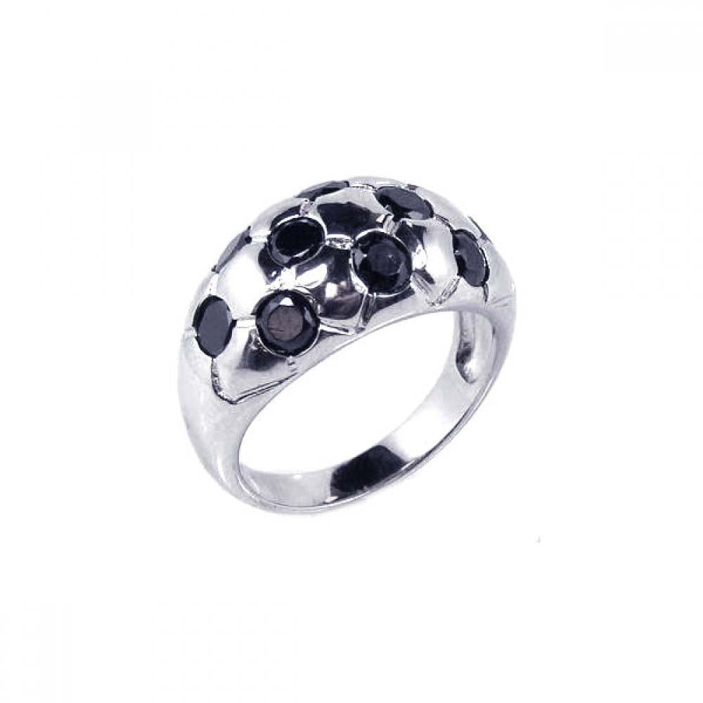 Sterling Silver Fancy Domed Band Ring with Criss-Cross Design and Embedded with Black Czs