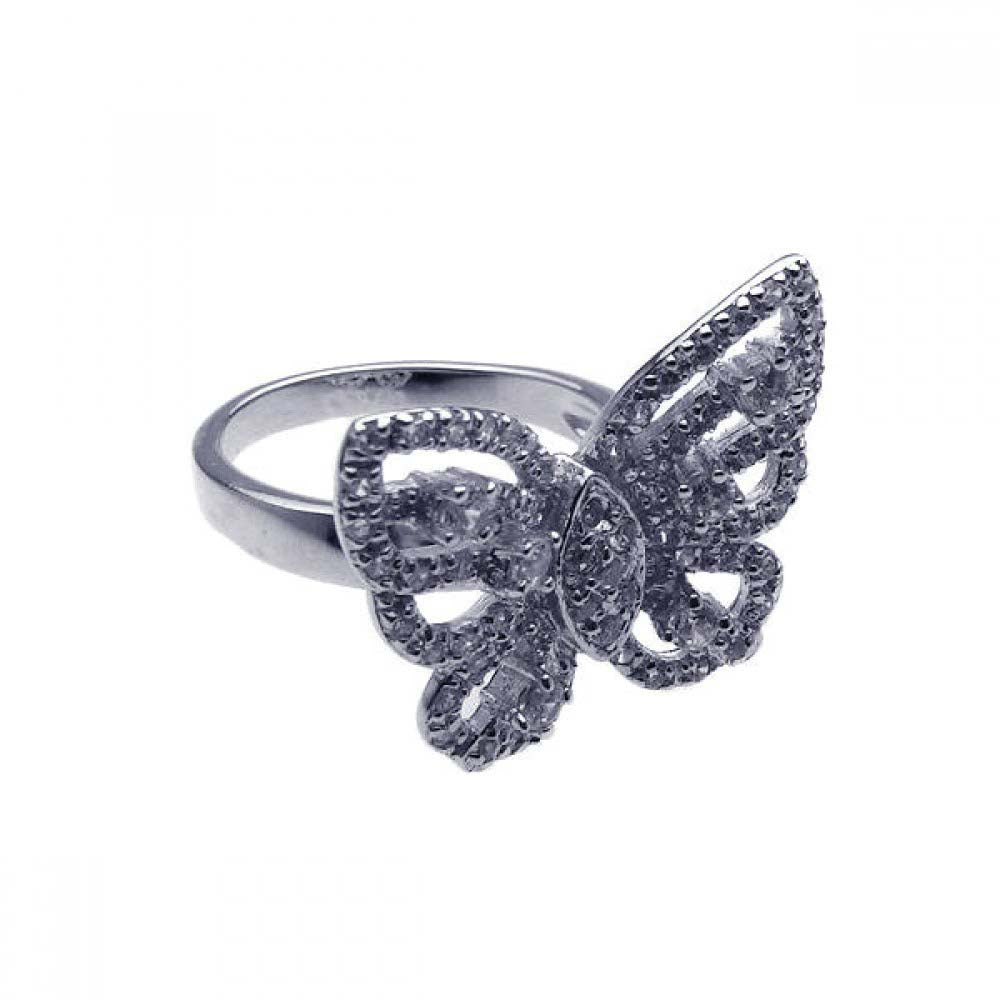 Sterling Silver Rhodium Plated Pave Set CZ Butterfly Ring