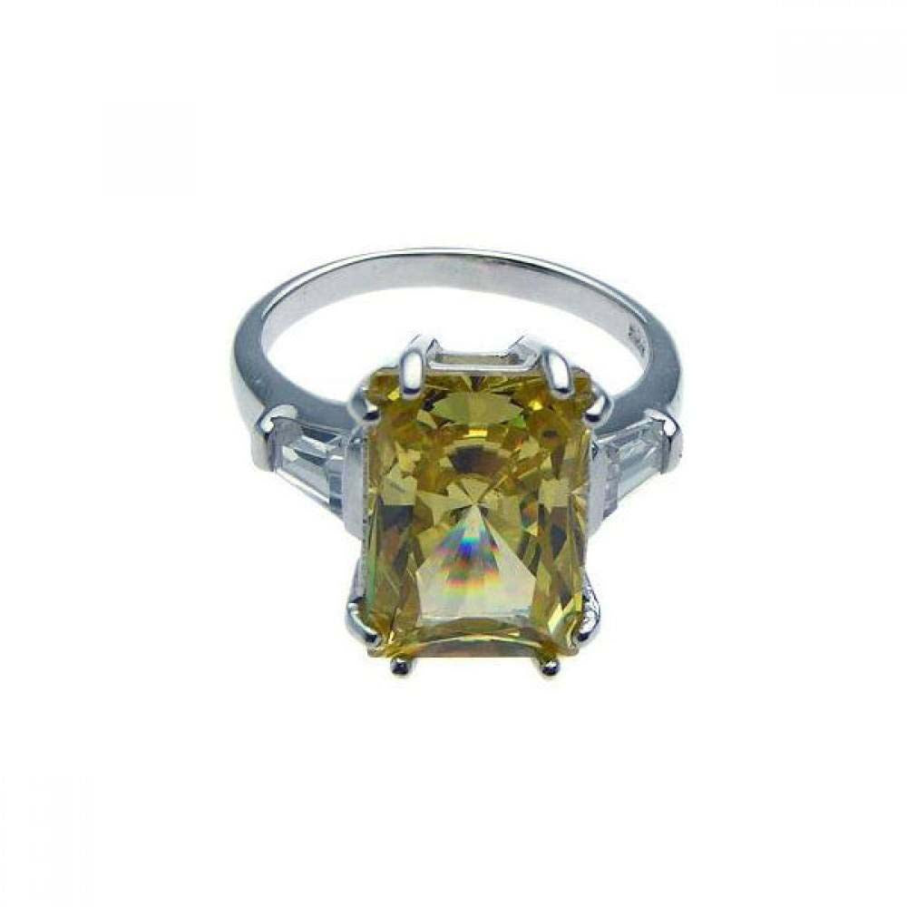 Sterling Silver Rhodium Plated Rectangular Yellow Center And Clear CZ Ring