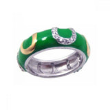 Sterling Silver Fancy Green Enamel Band Ring with Two-Toned Horseshoe Design Inlaid with Clear Czs