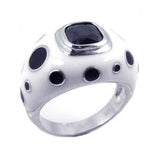 Sterling Silver Fancy White Enamel Domed Band Ring with Multi Black Enamel Dotted Design and Centered Black Cz