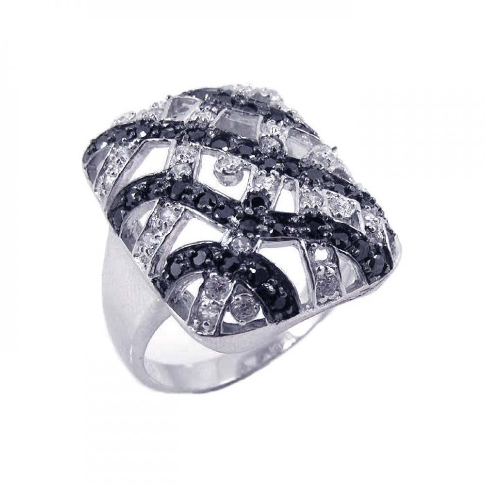 Sterling Silver Fancy Two-Toned Rectangular Shaped with Net Pattern Design Embedded with Clear and Black Czs