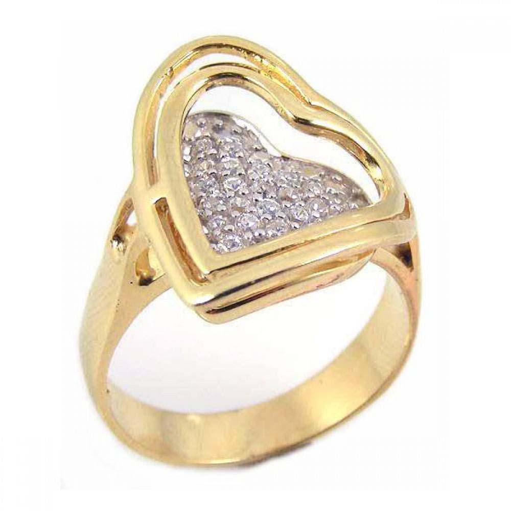 Sterling Silver Gold Plated Fancy Layered Heart Design Embedded with Micro Paved Czs Ring