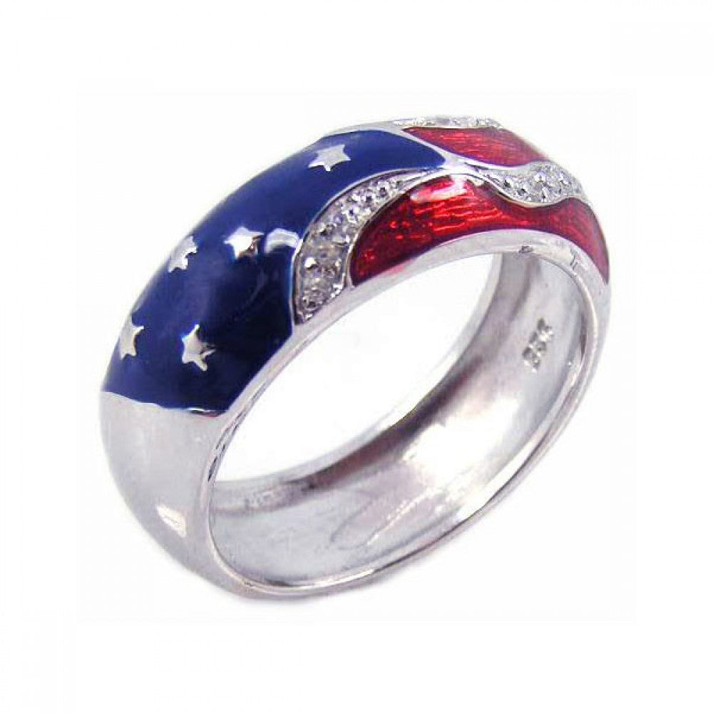 Sterling Silver American Flag Design Inlaid with Clear Czs Ring