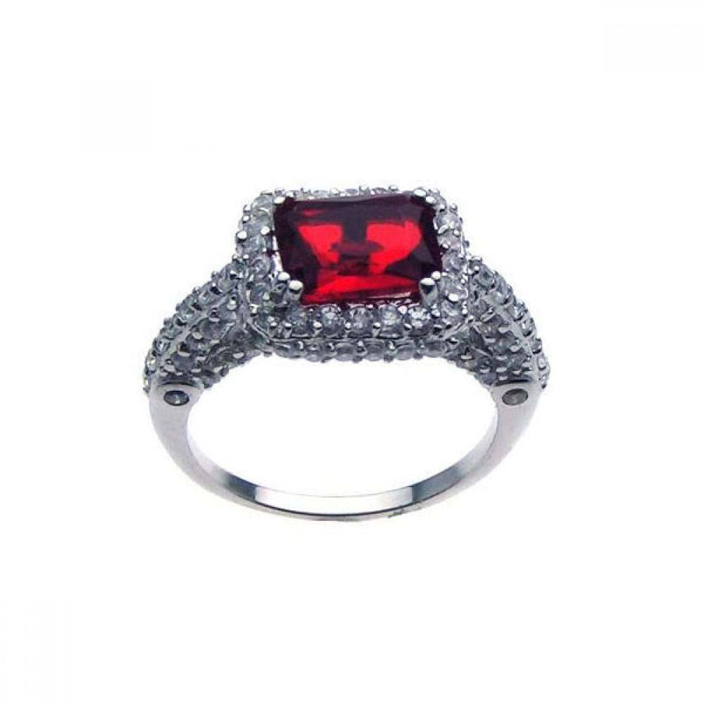 Sterling Silver Fancy Micro Paved Band Ring with Centered Emerald Cut Red Cz