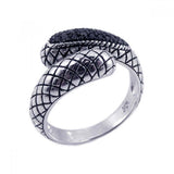 Sterling Silver Oxidized Rhodium Plated Bypass Band Ring with Criss-Cross Pattern Design and Embedded with Black Czs