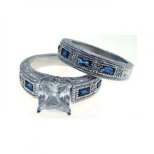 Load image into Gallery viewer, Sterling Silver Rhodium Plated Blue Baguette And Clear CZ Ornate RingAnd Width 1mm