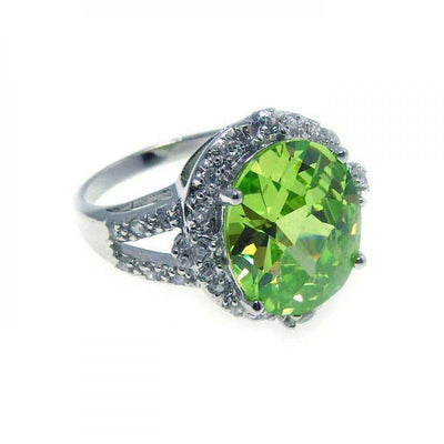 Sterling Silver Fancy Round Cut Green Cz with Paved Halo Setting Split Shank Ring