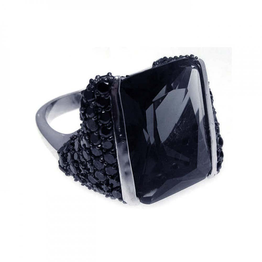 Sterling Silver Stylish Emerald Cut Black Stone Embedded with Micro Paved Black Czs