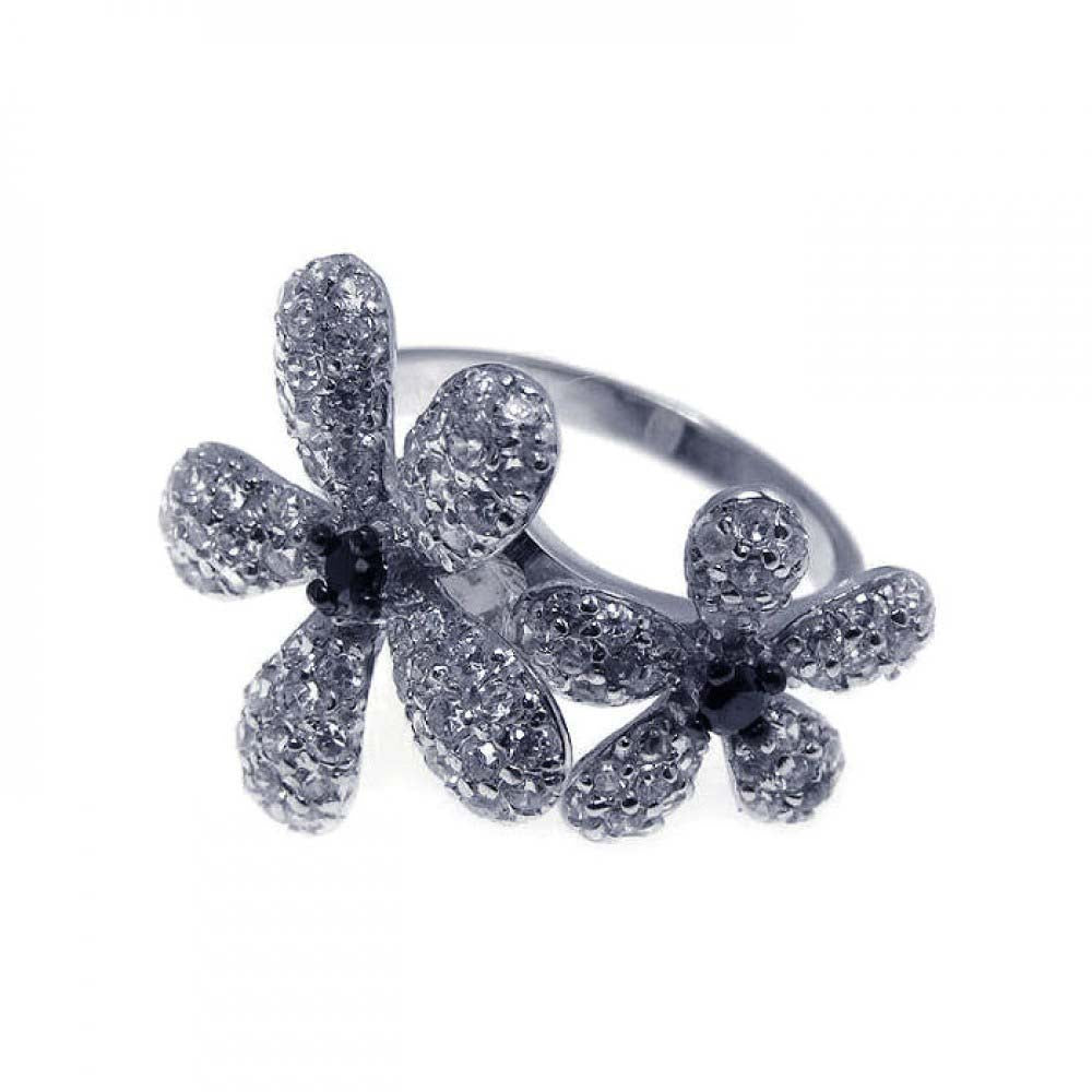 Sterling Silver Fancy Double Flower Design Inlaid with Micro Paved Clear Czs and Centered Black Czs Ring