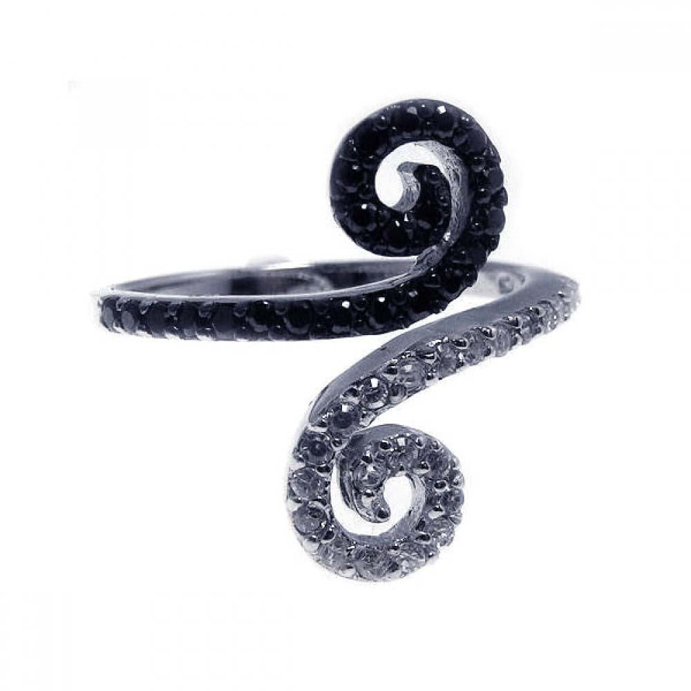 Sterling Silver Fancy Swirl Design Inlaid with Clear and Black Czs Adjustable Band Ring