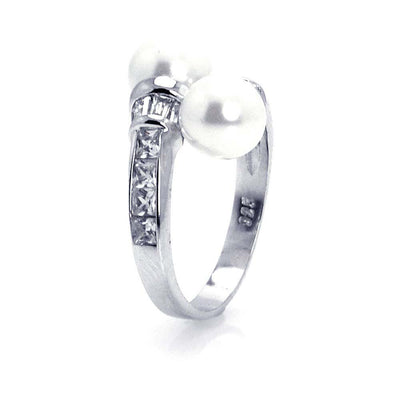 Sterling Silver Modish Style Ring Double Mid PearlAnd Band Infixed with Clear Cz Stones