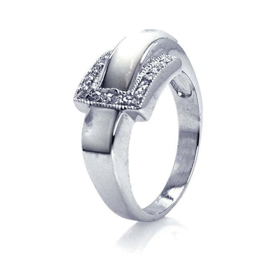 Sterling Silver Chic Pearl Belt Buckle Style Ring Embedded with Clear Cz Stones