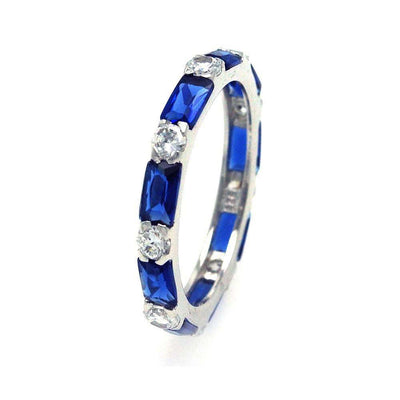 Sterling Silver Rhodium Plated Round Shaped Eternity Ring With Blue Baguette And Clear CZ StonesAnd Width 3mmAnd Thickness 3mmx5mmAnd Dimensions 3mm