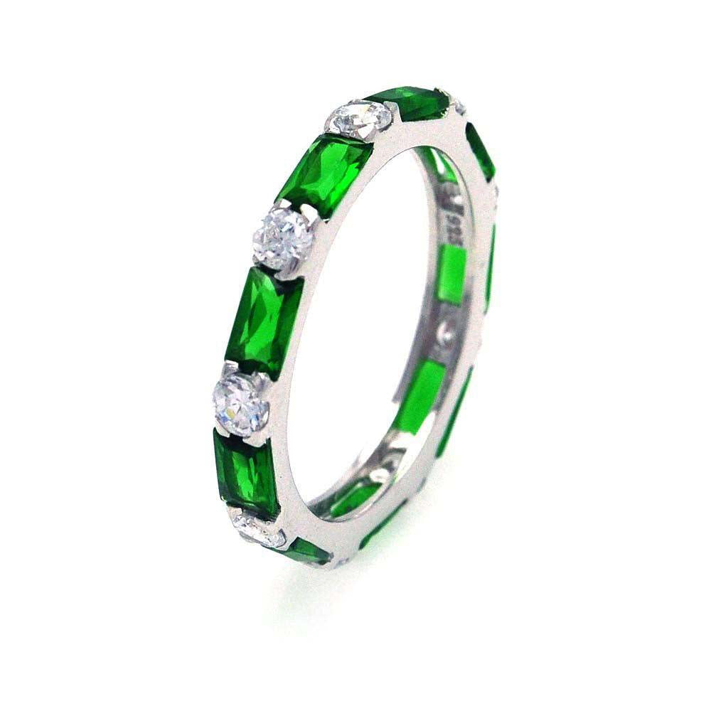 Sterling Silver Rhodium Plated Green Baguette Clear CZ Eternity RingAnd Width 3mmAnd Thickness 3mmx5mmAnd Dimensions 3mm