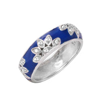 Load image into Gallery viewer, Sterling Silver Blue Enamel Band Ring with Flower Design Embedded with Cz StonesAnd Band Width of 6MM