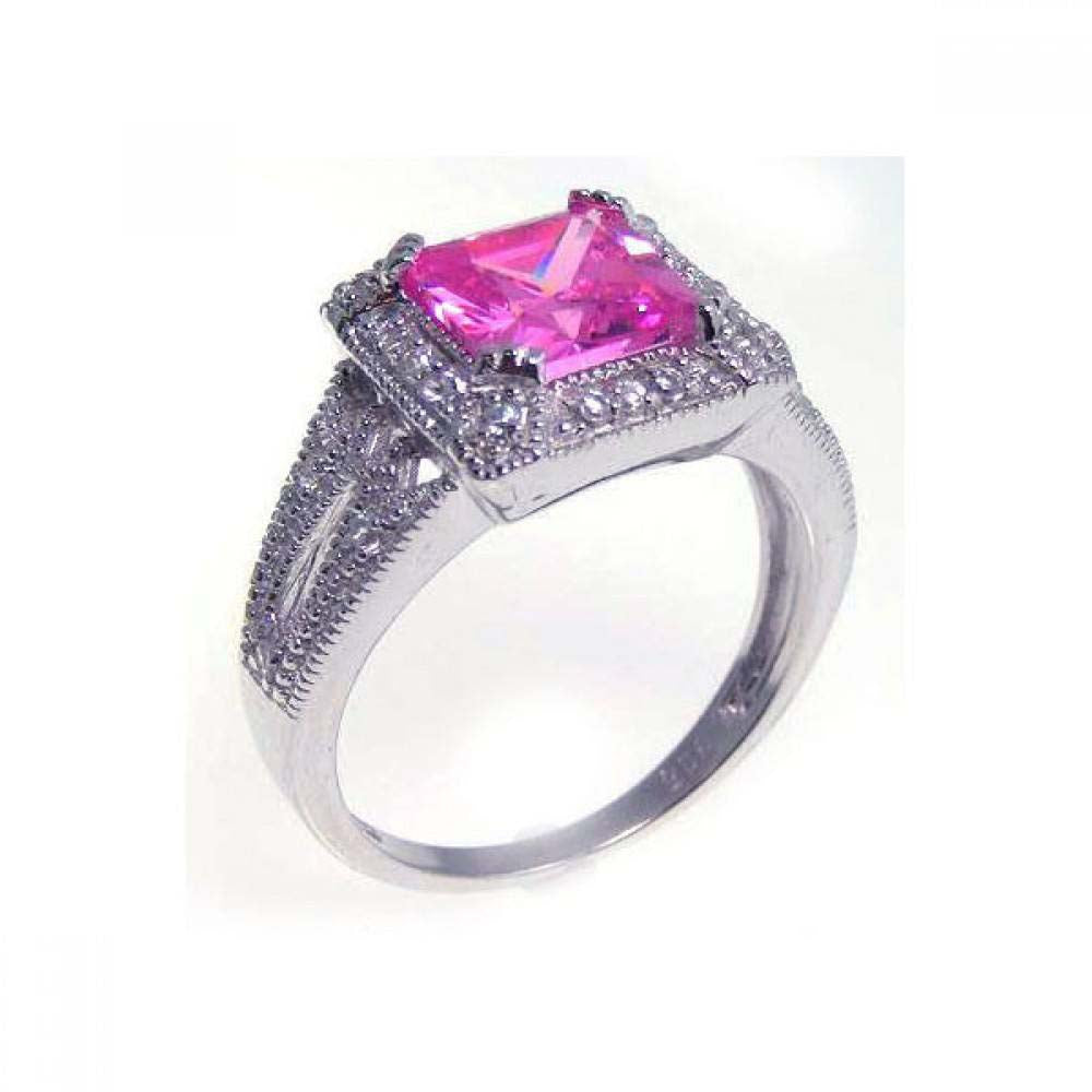 Sterling Silver Elegant Princess Cut Pink and Clear CZ Ring