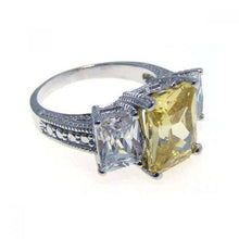 Load image into Gallery viewer, Sterling Silver Modern Trio Stone Ring Centered with Solid Yellow CzAnd Paired with Fine Double Clear Cz Stones