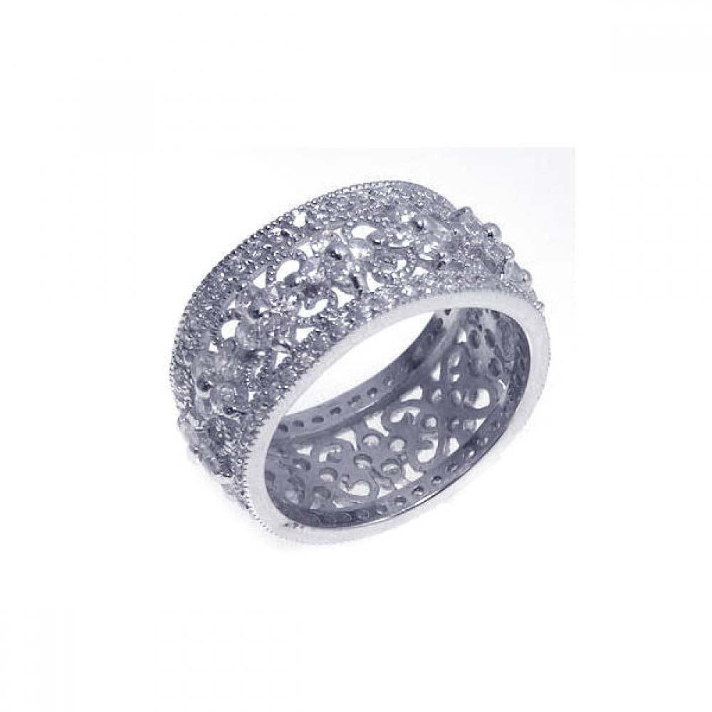 Sterling Silver Cz Elegant Ornate Flower Design Eternity Ring