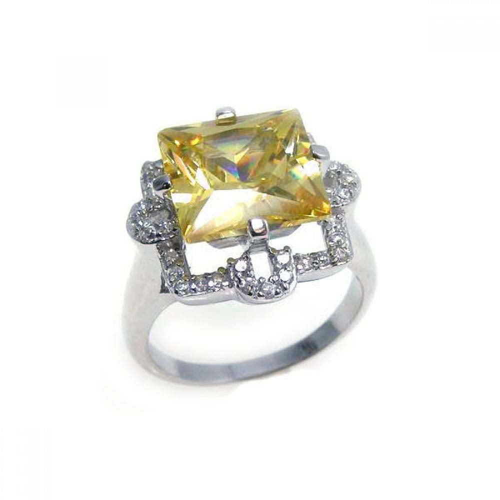 Sterling Silver Fancy Princess Cut Centered Yellow Cz Encased with Clear Cz Stones on the Side