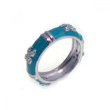 Sterling Silver Trendy Aqua Enamel Band With Embowed X Design Covered With Fine Clear Cz Stones