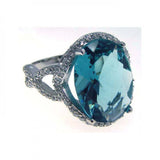 Sterling Silver Elegant Ring Centered with Solid Oval Cut Blue Cz & Intertwined Band Embedded with Clear Cz Stones