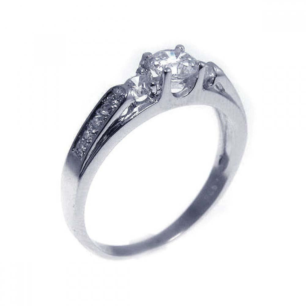 Sterling Silver Classic Clear Cz Centered Solitaire Ring Band inlaid with Clear Cz Stones