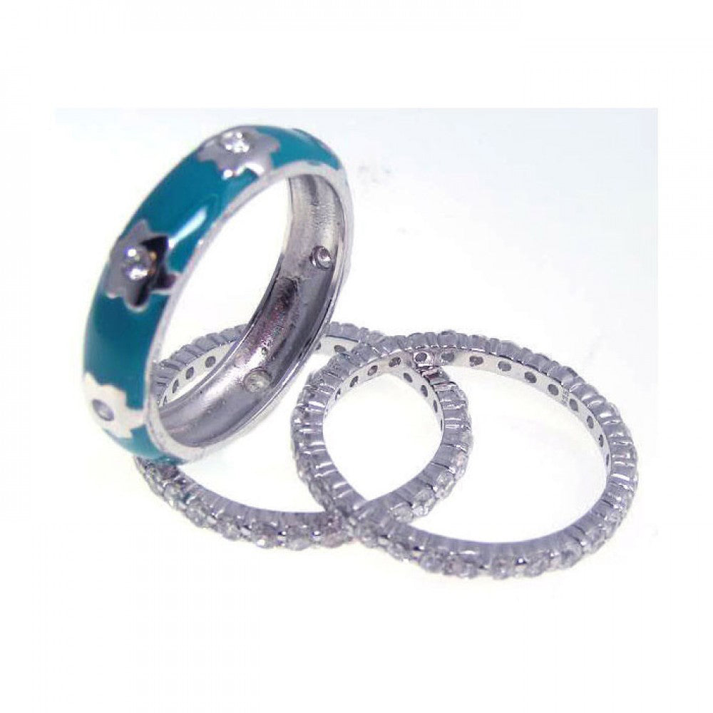 Sterling Silver Rhodium Plated Blue Enamel CZ Flower Stackable Ring Set