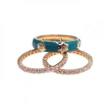 Load image into Gallery viewer, Sterling Silver Nickel Free Gold Plated Blue Enamel Flower Shaped Stackable Ring Set With Turquoise CZAnd Width 2mmAnd Dimensions 9mm