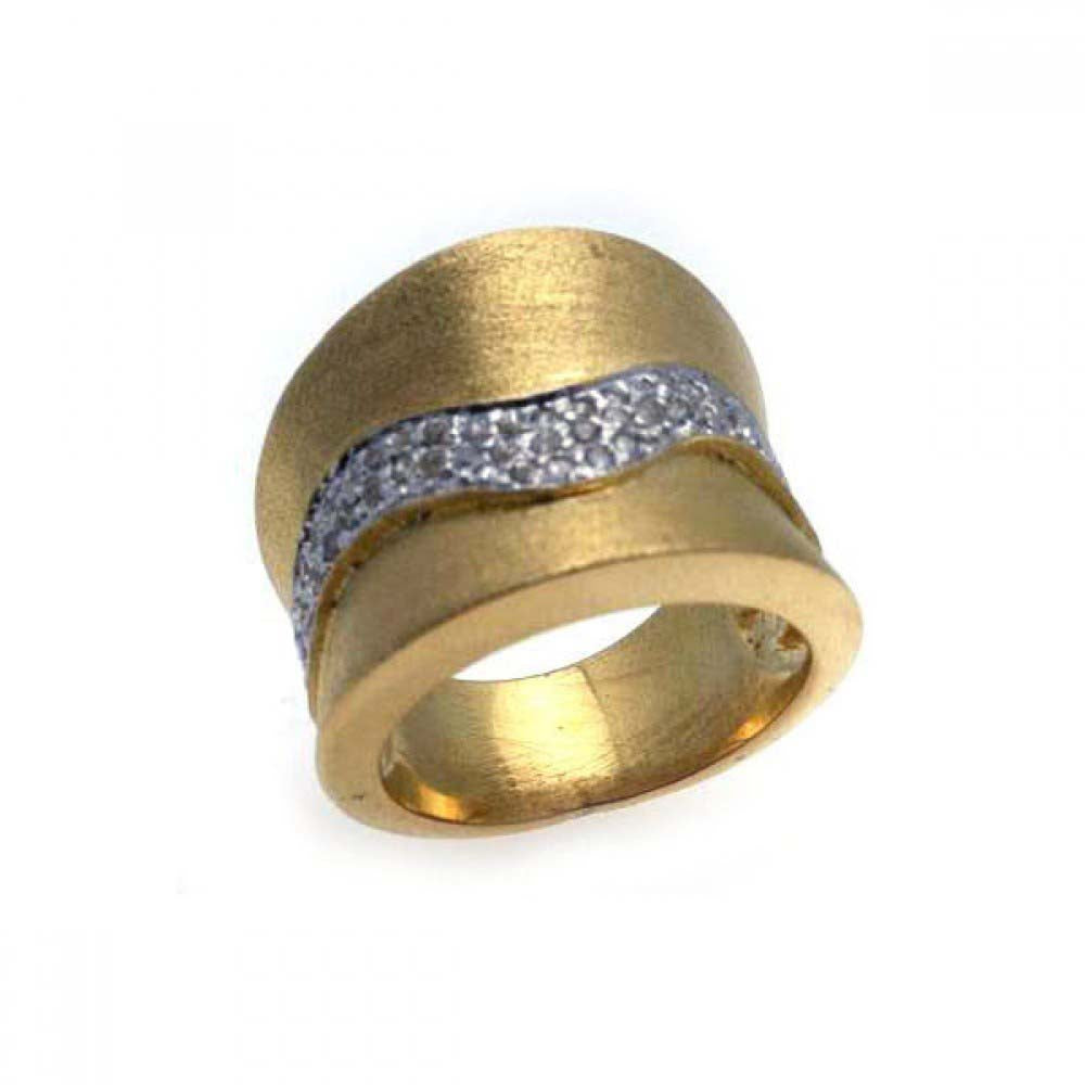 Sterling Silver Gold Plated Fancy Cigar Band Ring Embedded with Clear Czs