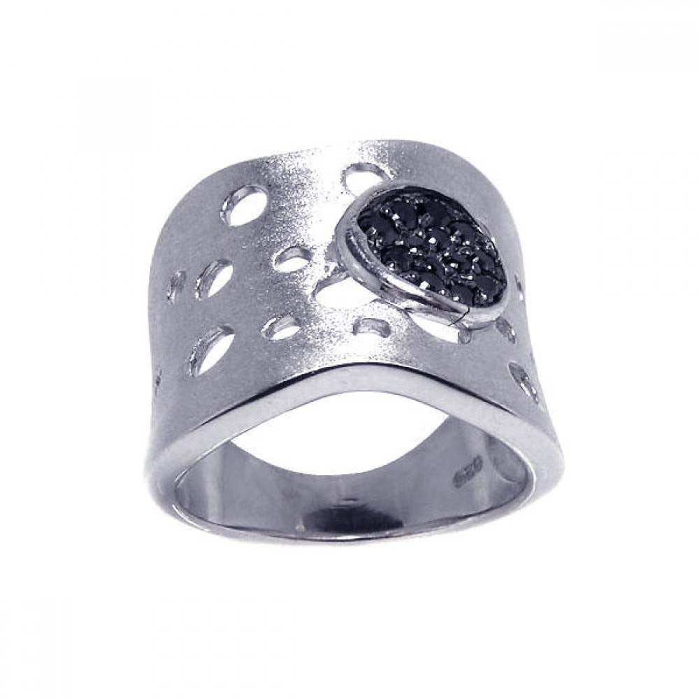 Sterling Silver Matte Finish Fancy Cigar Band Ring with Cut-Out Circle Pattern Design and Embedded with Black Czs