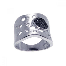 Load image into Gallery viewer, Sterling Silver Matte Finish Fancy Cigar Band Ring with Cut-Out Circle Pattern Design and Embedded with Black Czs