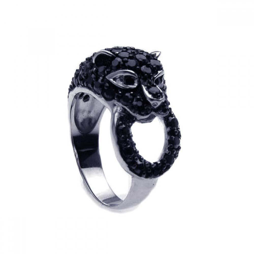 Sterling Silver Rhodium Plated Black-Clear CZ Black Panther Ring