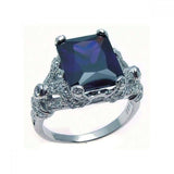 Sterling Silver Vintage Style Centered with Blue Solid Princess Cut Cz Paved Band Ring