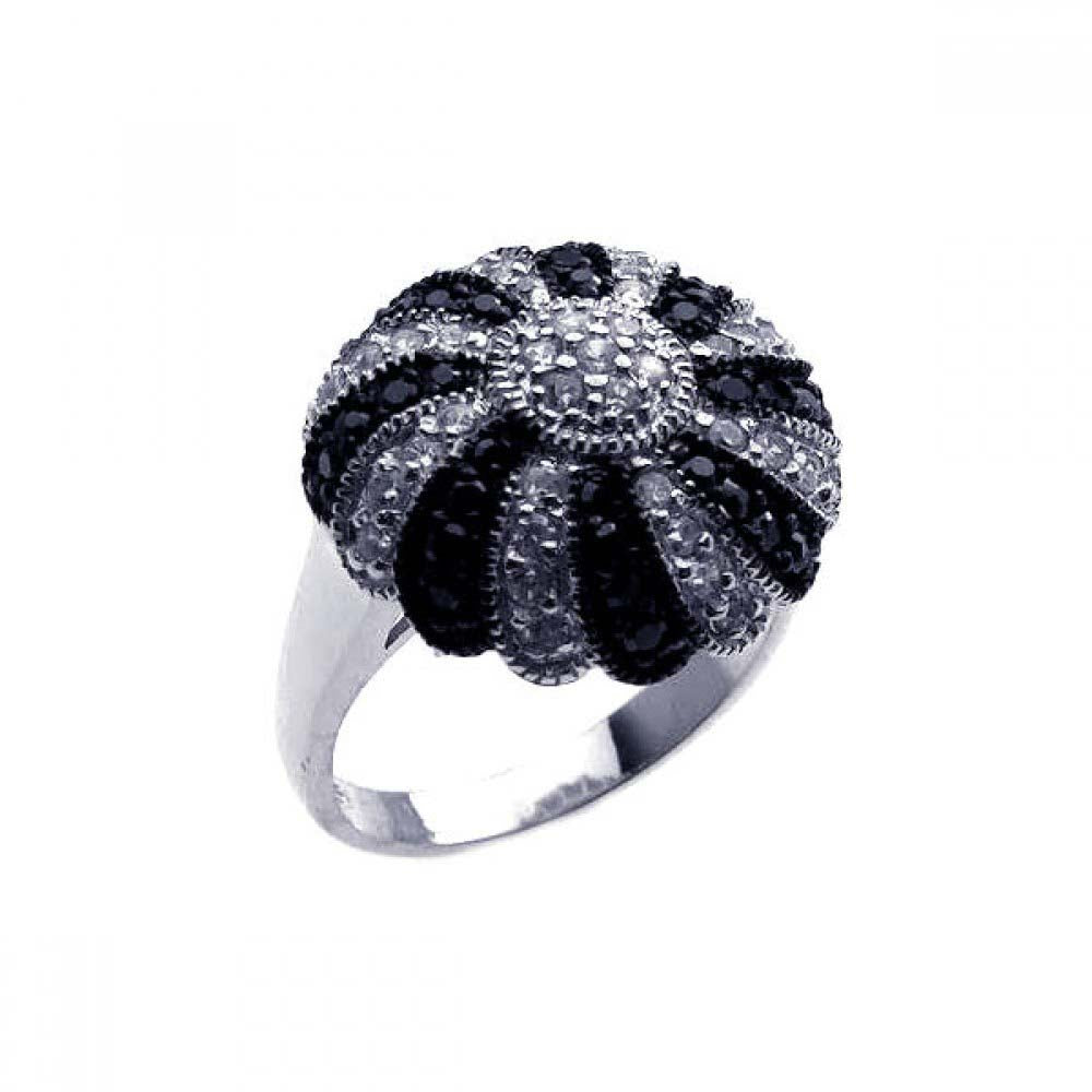 Sterling Silver & Black Rhodium Plated Domed Style Ring Inlaid with Black and Clear Cz Stones.