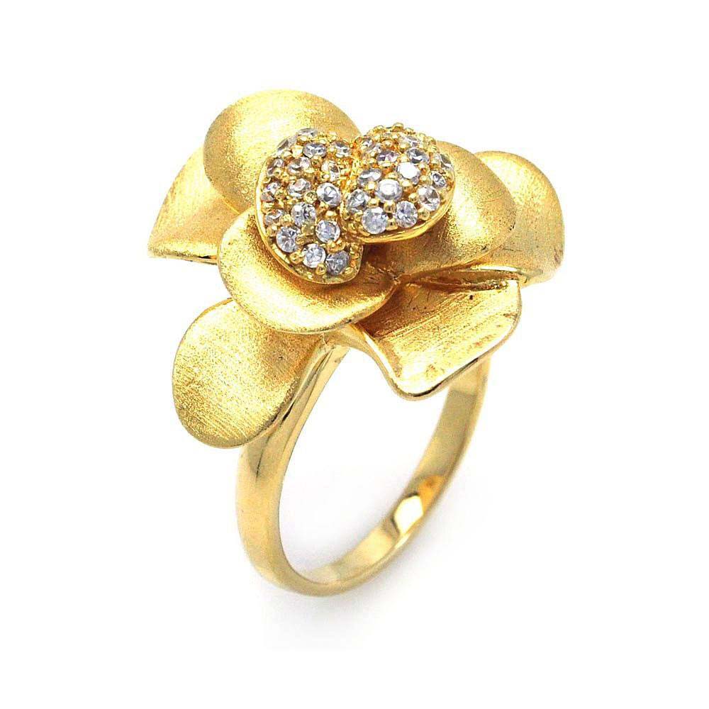 Sterling Silver Gold Plated Stylish Matte Finish Flower Design with Centered Clear Czs Ring