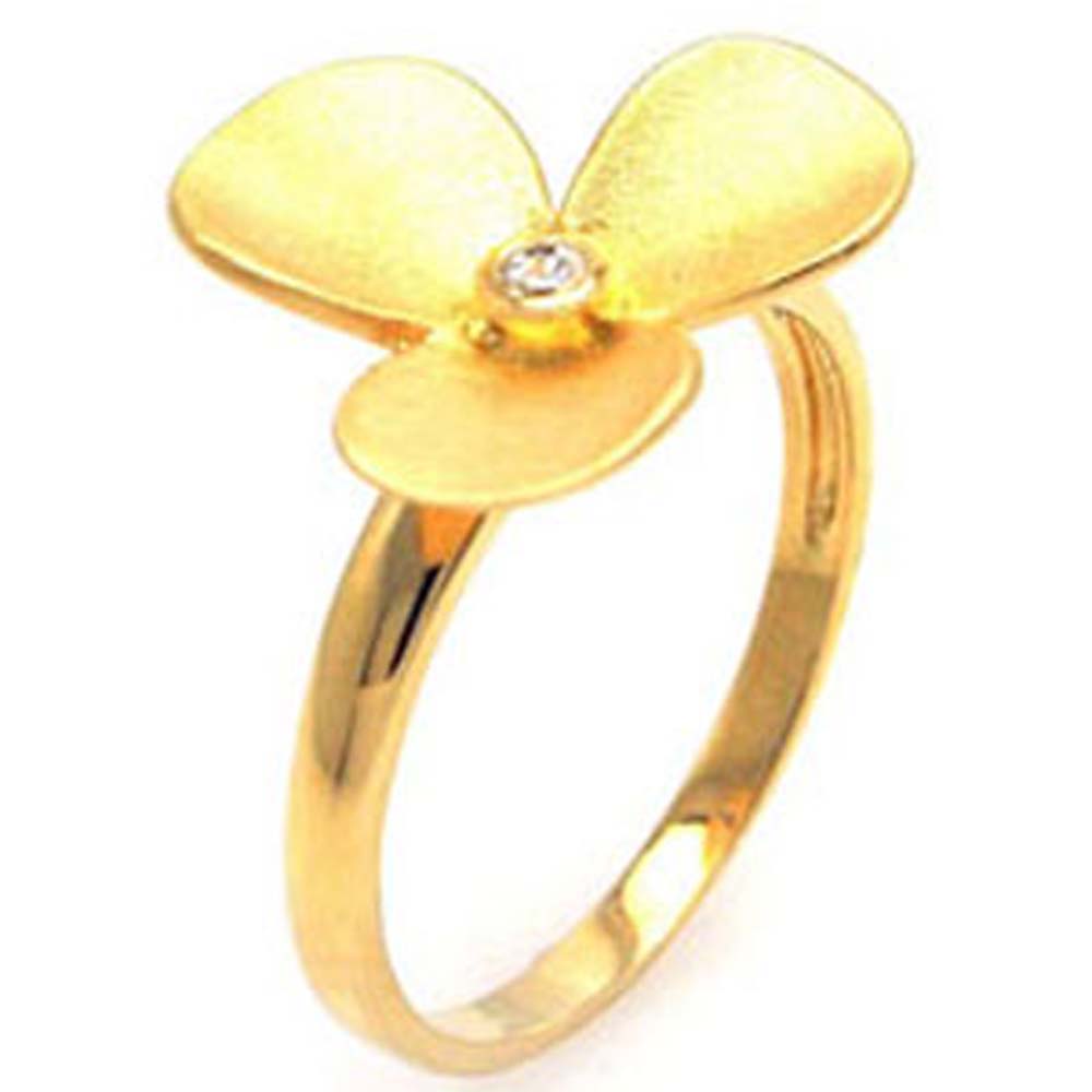 Sterling Silver Gold Plated Matte Finish Three Petals Flower Design with Centered Single Clear Cz Ring