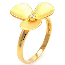 Load image into Gallery viewer, Sterling Silver Gold Plated Matte Finish Three Petals Flower Design with Centered Single Clear Cz Ring