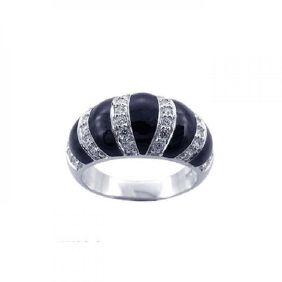 Sterling Silver Fancy Domed Band Ring with Strip Black Onyx and Clear Czs Inlaid