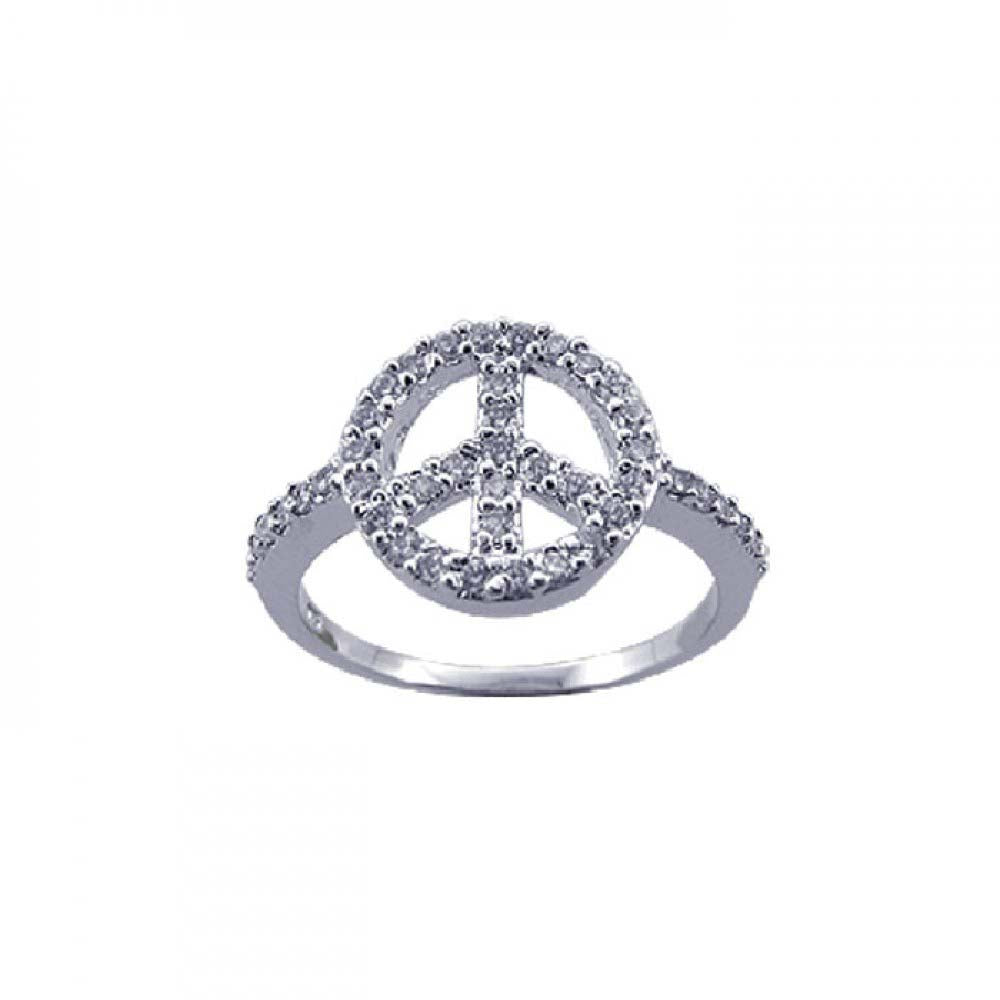 Sterling Silver Modish Peace Sign Inlaid with Clear Czs Ring