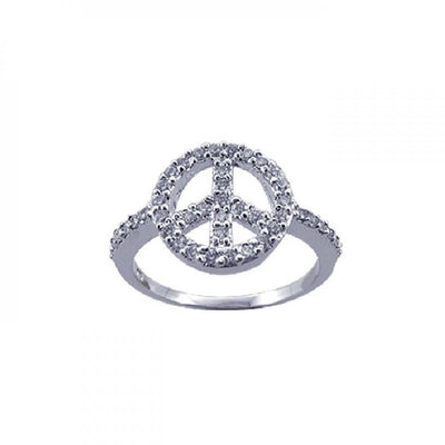 Sterling Silver Modish Peace Sign Inlaid with Clear Czs Ring
