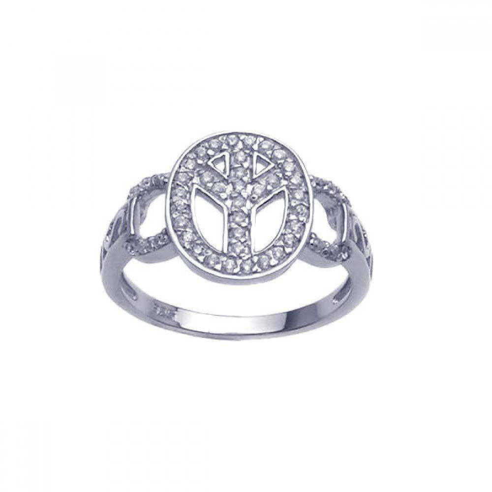 Sterling Silver Paved Peace Sign with Filigree Accent Wide Band Ring