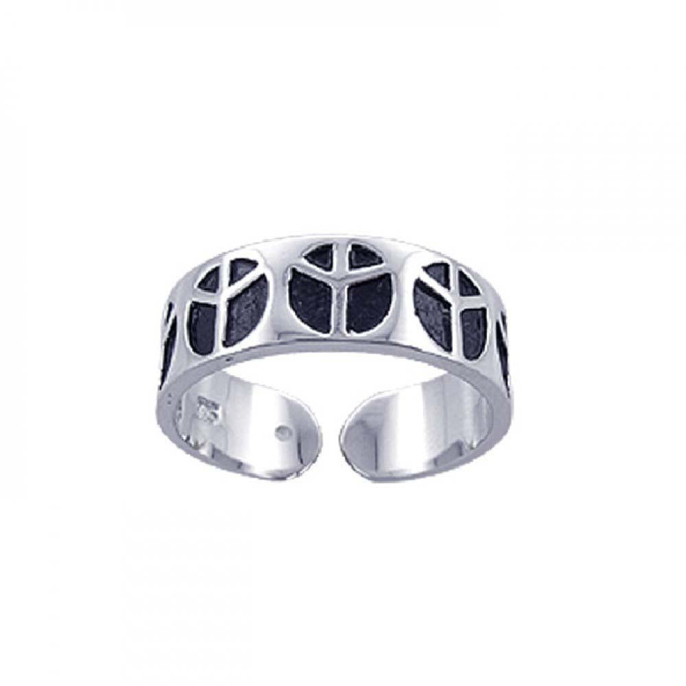 Sterling Silver Two-Toned Multi Peace Sign Design Adjustable Band Ring