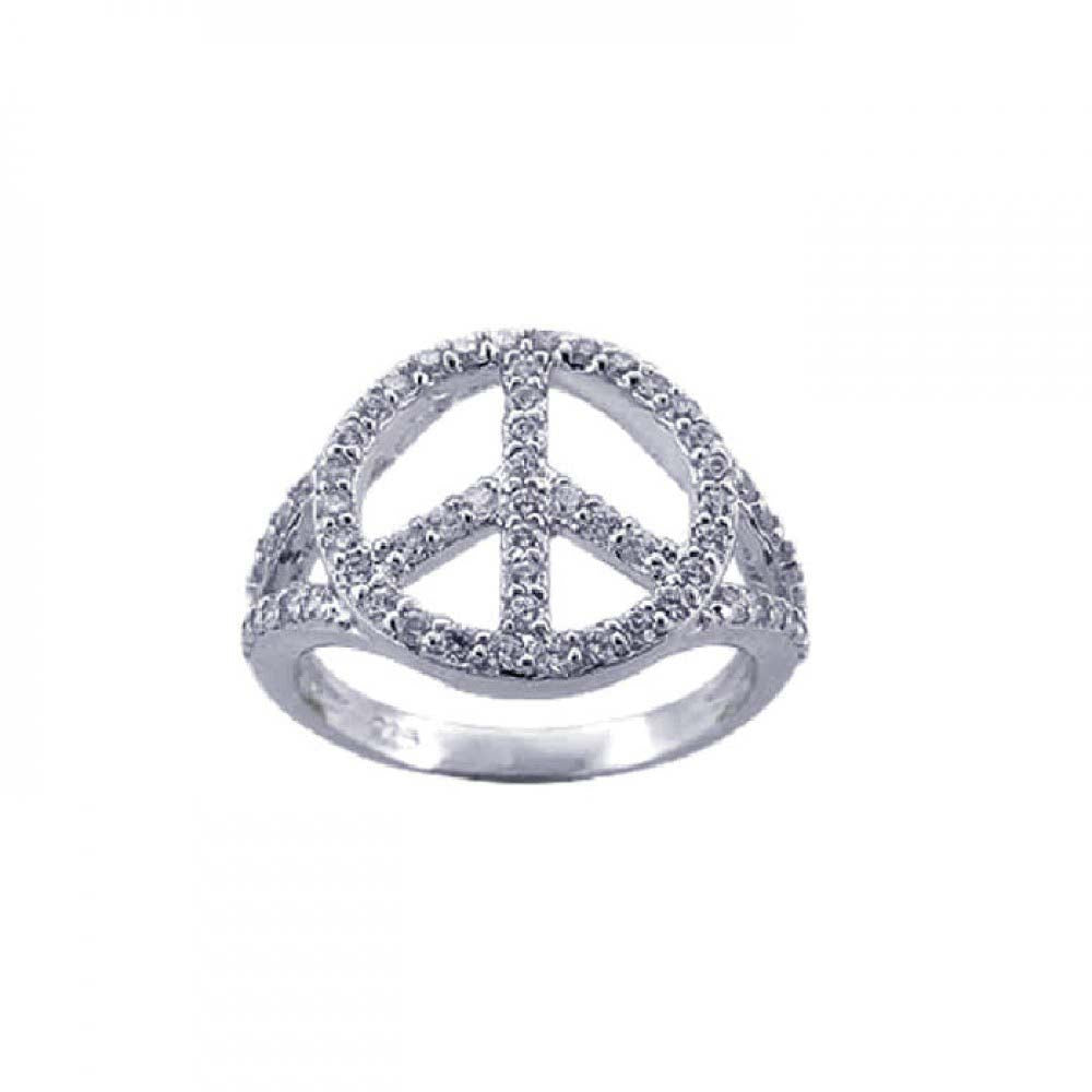 Sterling Silver Stylish Peace Sign Embedded with Clear Czs Split Shank Ring