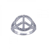 Sterling Silver Stylish Peace Sign Embedded with Clear Czs Split Shank Ring