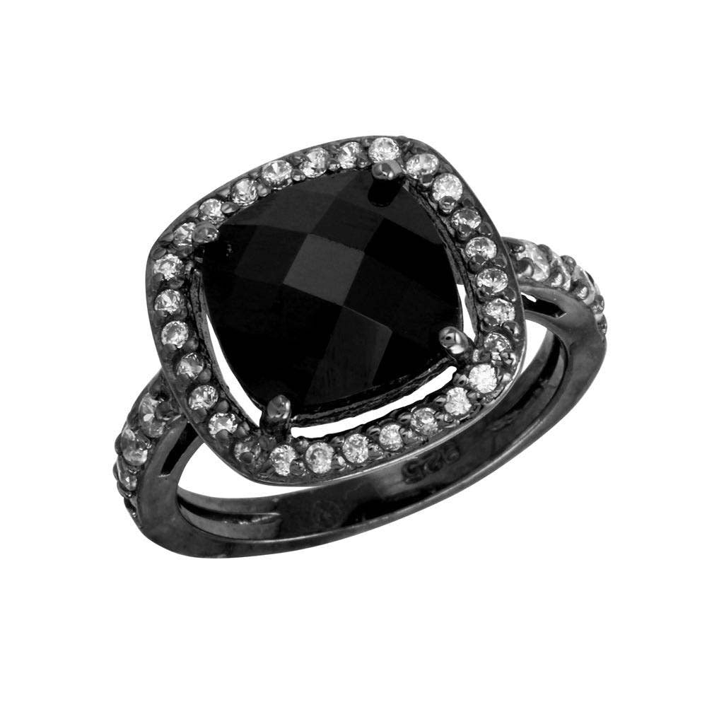 Sterling Silver Black Rhodium Plated Square Halo Shaped Ladies Ring With Black And Clear CZAnd Width 13.2mm