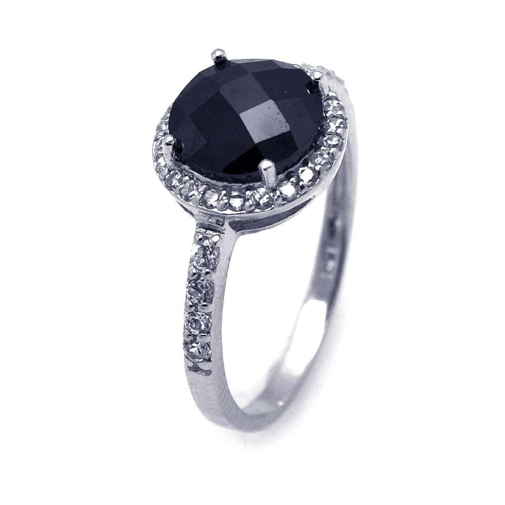 Sterling Silver Fancy Round Cut Black Cz with Paved Halo Setting Ring