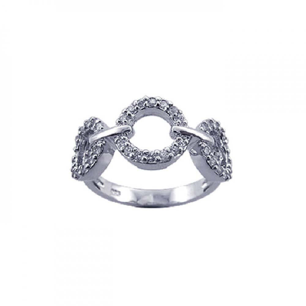 Sterling Silver Fancy Three Open Circle Link Design Embedded with Clear Czs Ring